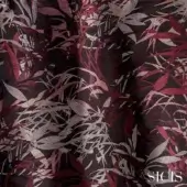 Aubergine leaf fabric with dense, stylized pattern on dark background; textured silk with burgundy & cream tones, gold "Sicis" script.