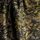 Navy jacquard fabric with repeating gold, olive, and bronze leaf and grass pattern; SICIS brand name visible.