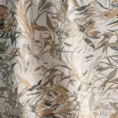 Fabric sample with gold and gray leaf pattern on beige, featuring “SICIS” text and subtle woven texture.