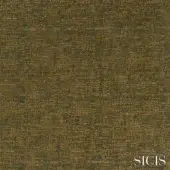 Sicis fabric sample, olive-green woven texture with bronze threads, displaying a nubby, irregular pattern and brand logo.