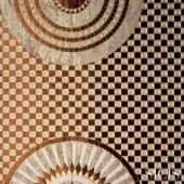 Sicis Limbus bronze fabric features geometric patterns with dark brown checkerboard, bronze squares, and circular fan motifs.