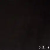 Sicis fabric swatch, noctis black, granular texture with sheen, square shape, white sans-serif logo on black background.