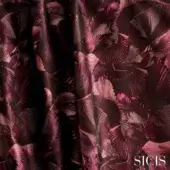 Sicis Palmeres fabric swatch in burgundy features a repeating fan pattern with iridescent texture and vertical folds, displaying the SICIS logo.