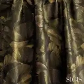 Palmeres fabric, green and gold, displays a woven palm frond pattern with rose-brown accents and a subtle sheen texture.