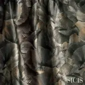 Palm leaf fabric with gray, bronze, and beige tones displays a repeating, etched pattern and subtle sheen, identified as “palmeres natural”.