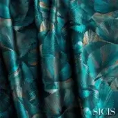 Sicis Palmeres petrol fabric displaying a repeating teal and petrol blue palm frond pattern with gold accents, woven texture.