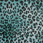 Leopard print mosaic tile, teal and black Pardus Azul by Sicis, features irregular glossy spots and grout lines for textured depth.
