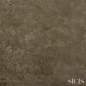 Sicis Sedatus fabric texture, green and brown mottled pattern, small square elements, matte finish, stylized white brand text.