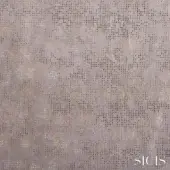 Sicis Sedatus oyster fabric swatch with muted gray, dense square perforations filled with subtle gold metallic sheen, woven textile.