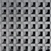 Geometric tile pattern in grayscale with black, white, and gray squares forming a mosaic texture; SICIS logo visible.