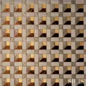 Sicis Signum fabric, bronze and brown geometric textile, features a square grid with diagonal triangular sections and a mottled metallic sheen.