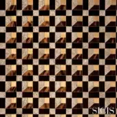 Sicis Signum Chestnut fabric features a checkerboard of dark brown and beige tiles, diagonally divided with metallic sheen and wood texture.