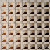 Sicis Signum fabric, geometric tile pattern, beige and gold tones, textured metallic finish, mosaic effect, neutral off-white background.