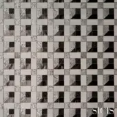 Sicis Signum Platinum fabric displays a grayscale geometric grid of square tiles with triangle and square designs, featuring metallic flecks.