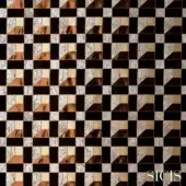 Sicis mosaic tile surface, wenge brown and light gray, checkerboard pattern with geometric shapes and metallic sheen.