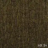 Sicis Thalia fabric sample, green woven texture, irregular vertical lines with olive, yellow, and brown tones, granulated surface.