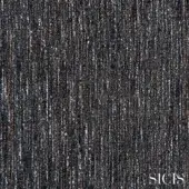 Sicis Thalia fabric sample, grey woven textile, vertical ribbed structure with silver, copper, and charcoal tones, textured yarn detail.