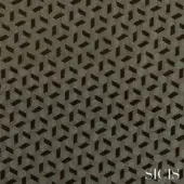 Geometric Vesta Green fabric pattern with interlocking gray, brown, and subtle green cubes on a dark gray background, featuring the Sicis logo.