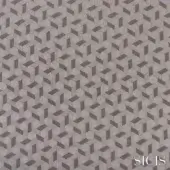 Sicis Vesta fabric sample in grey tones features a tessellated geometric cube pattern with a textured, three-dimensional effect and brand logo.