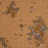 Sicis Adamant fabric sample, gold geometric pattern, hexagonal grid with metallic gold and silver-grey mosaic motifs on a beige background.