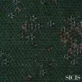 Sicis fabric, Adamant green geometric pattern with silver and copper starburst motifs, reddish-brown accents, woven texture.