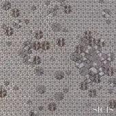 Geometric fabric texture, dark gray and metallic silver, features repeating hexagonal tiles with raised star motifs in bronze and gray-brown tones.