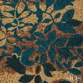 Mosaic fabric textile, teal-blue and bronze-gold, featuring repeating floral tile pattern with metallic sheen and intricate overlapping details.