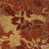 Sicis Athena Gold mosaic features red, orange, and gold floral tessellation on a beige textured background, displaying swirling leaf shapes.