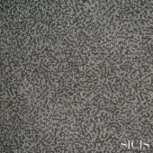 Grayscale mosaic texture with concentric swirling patterns, featuring square tesserae and linear grout lines; SICIS brand fabric sample, bolis grey.