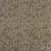 Sicis Cardea fabric sample, green textured tile pattern, square mosaic with beige and brown tones, matte finish, brand logo visible.