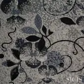 Sicis Dolium mosaic tile features gray, black, and silver floral motifs in a dense, square tesserae pattern with a subtle metallic sheen.