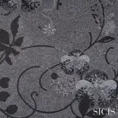 Gray and black floral mosaic fabric, “dolium titan” design, featuring tesserae background, curving vines, and SICIS branding.