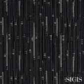 Sicis fabric swatch, black and gray vertical stripes, textured rectangular weave with muted blue accents, silver logo detail.