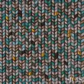Herringbone tile pattern in teal, bronze, gold, and gray with dark grout lines; SICIS fabric design “fishbone acqua” detail.