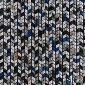 Sicis fabric, fishbone pattern in blue, black, silver, and white with gold accents, featuring a geometric tile mosaic and directional flow.