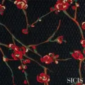 Floral fabric swatch with red and gold embroidered flowers on a dark gray woven background, featuring the SICIS brand logo.
