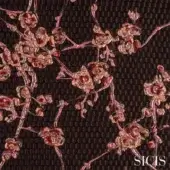 Sicis Flores Copper fabric swatch displaying embroidered floral branches in copper, rose gold, and red tones on a dark brown textured background.