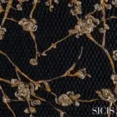 Sicis Flores Gold fabric with metallic gold floral motifs on a dark textured black background, detailed blossoms and repeating square pattern.