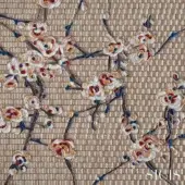 Floral textile design with brown branches, cream and pink blossoms on a beige rectangular tile background, SICIS branding visible.