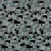 Geometric fabric pattern in gray, teal, and charcoal tones with interlocking triangles, trapezoids, and textured grid background, by Sicis.