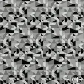 Geometric textile pattern in shades of gray features interlocking triangles and semi-circles with a dotted texture on a white background.