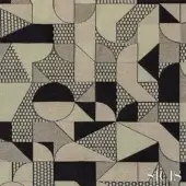 Sicis Ford Sand fabric, geometric mosaic pattern with beige, cream, gray tones, black and white circular detail, textured grid layout.