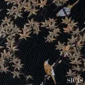 Fabric design with embroidered maple leaves in gold, bronze, and copper tones, featuring blue and yellow birds on a dark gray textured background.