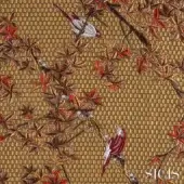 Sicis fabric sample, maple gold textile, repeating red maple leaves and purple berries with embroidered bird details on woven golden-brown threads.