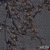 Sicis fabric, maple green textile with repeating stylized maple leaves, dark gray basketweave background, gold-bronze detailing.