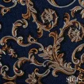 Sicis Thethys fabric swatch, navy blue jacquard with copper, bronze, and silver baroque floral embroidery and textured weave.