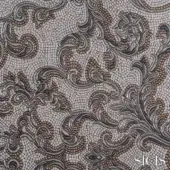 Sicis Thethys fabric sample, ivory and metallic tesserae, features swirling baroque foliage and scrollwork in raised relief.