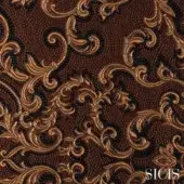 Sicis Thethys fabric sample, brown and gold baroque pattern, ornate floral motifs with raised texture and woven surface.