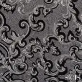 Sicis Thethys Pearl fabric textile, gray baroque floral mosaic, irregular tesserae pattern, subtle sheen, dark gray background.
