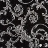 Sicis Thethys platinum fabric swatch displaying a dense floral damask pattern in silvery-grey and black with a subtle sheen.